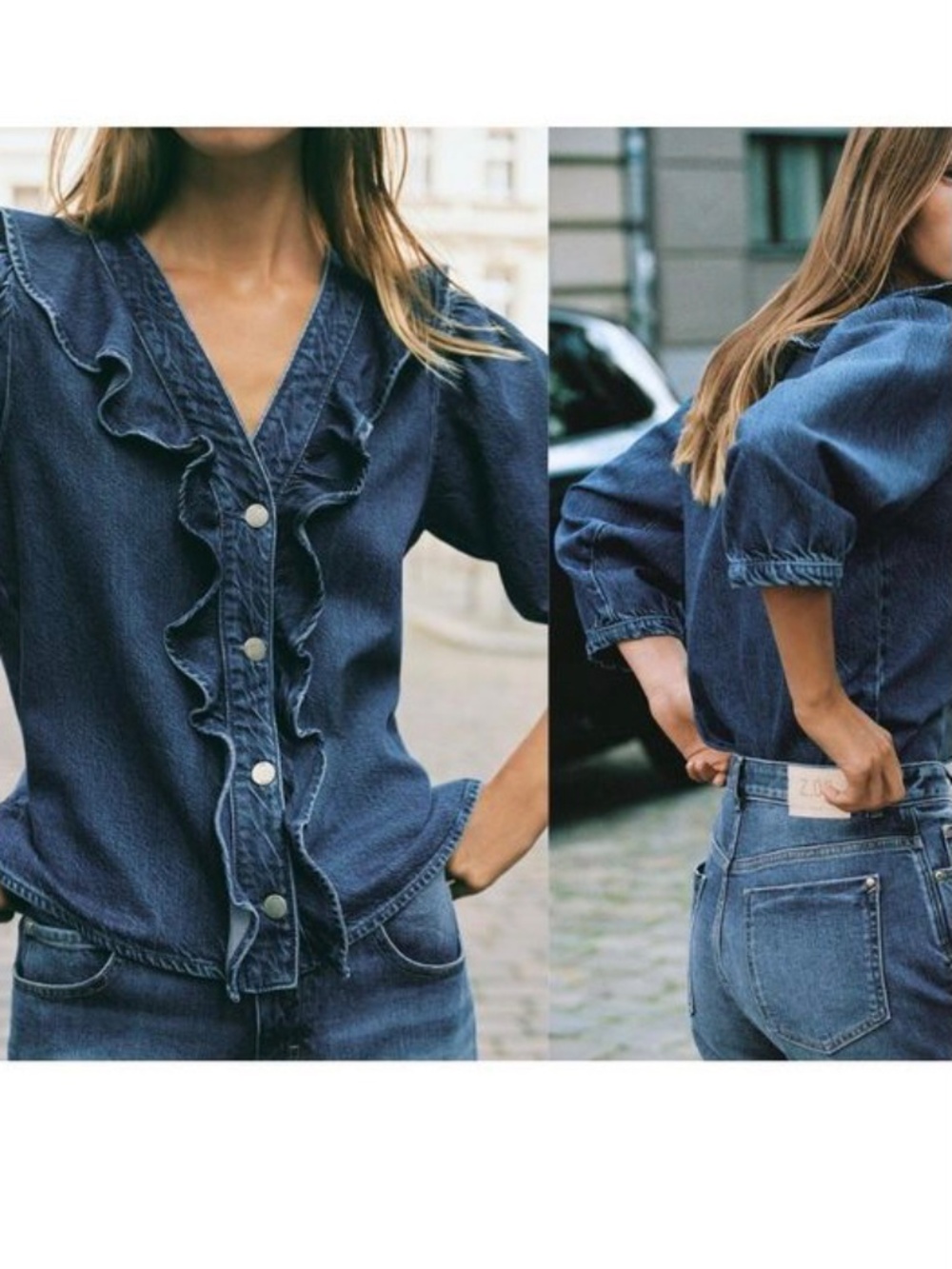 Zara z1975 Denim Ruffle Shirt puff sleeves Size Large Jean Cottagecore Y2K